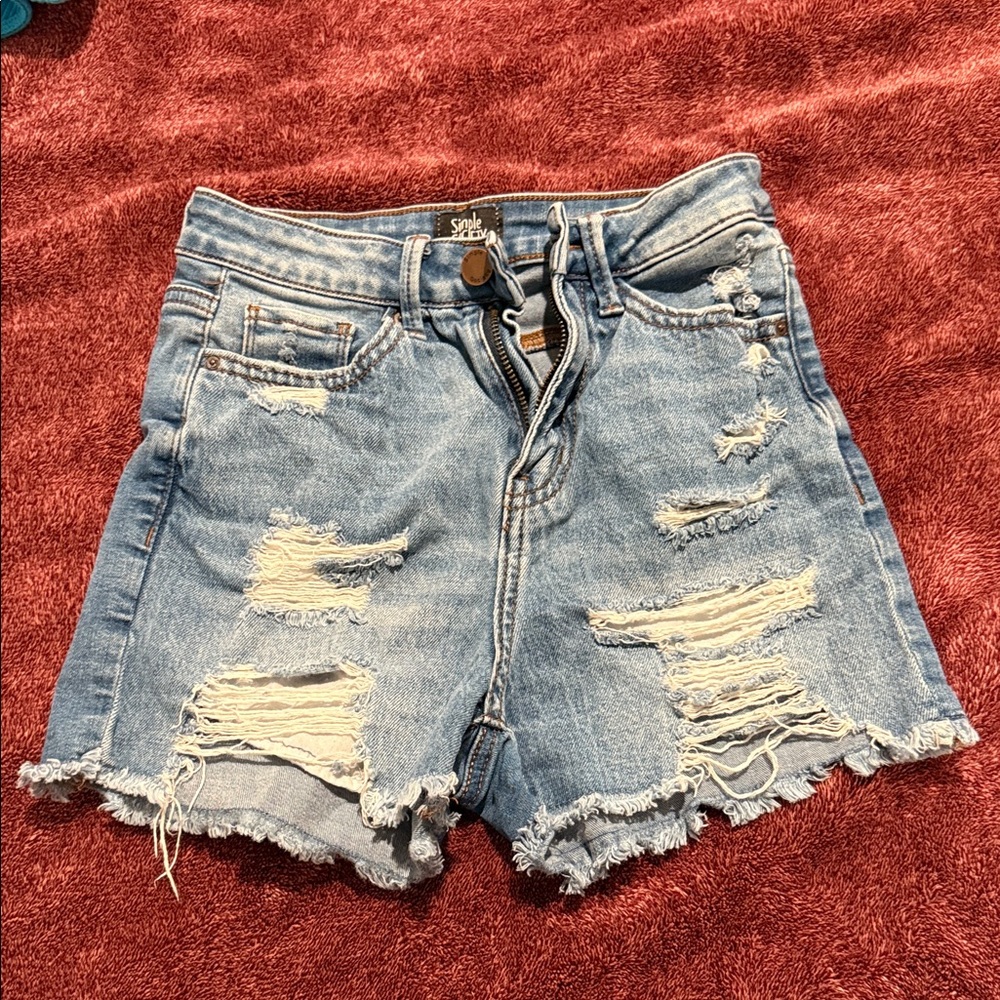 Trendy Light Blue Distressed Denim Shorts